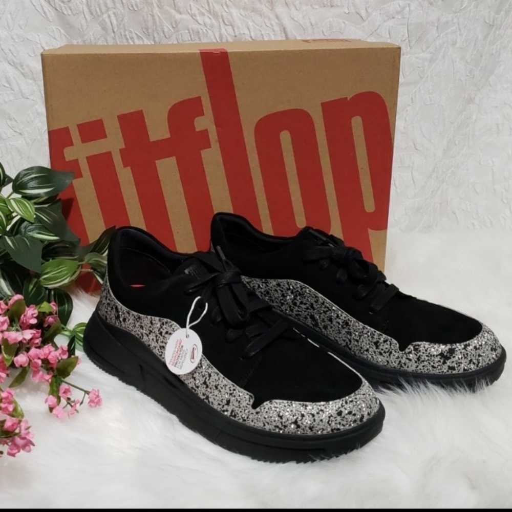 🔥🔥FITFLOP Women's Freya Glitter Suede Sneakers - Black/Silver🔥🔥